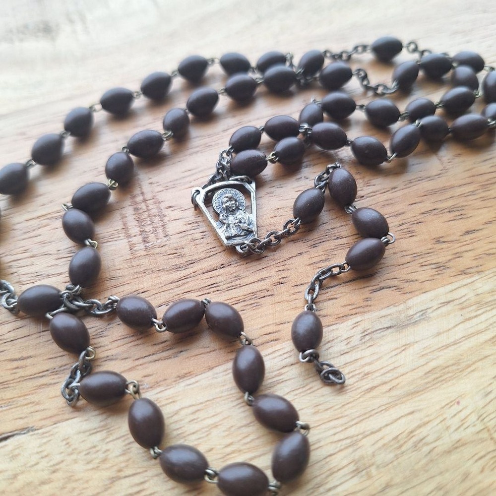 Vintage Italy Rosary Necklace Religious Wood Beads Silver Tone Pendant